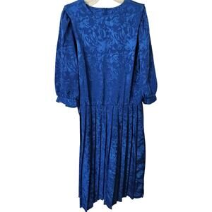 3508)Vtg  Sweet Miranda Royal Blue Floral Pleated 3/4 Sleeve Dress Size 18
